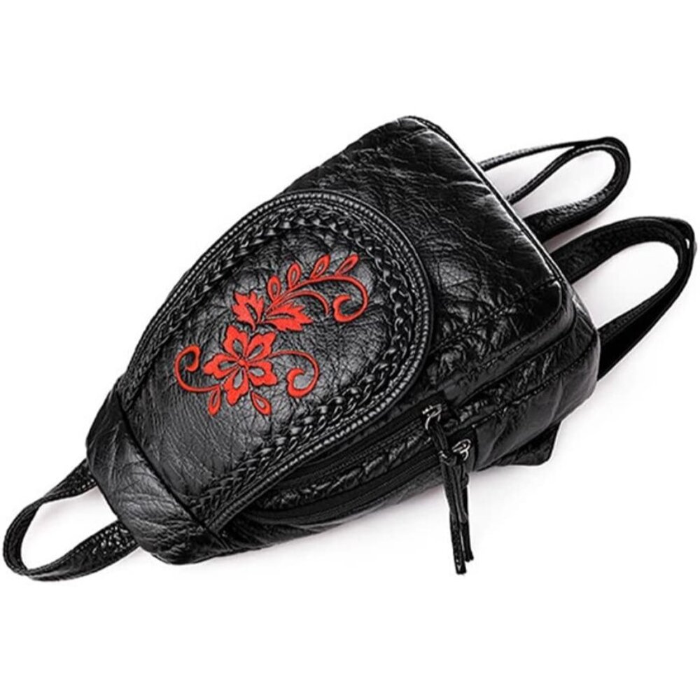 Women's Black Red Flower Soft Pu Leather Purse Chest Packs Travel Bag Backpack - Picture 3 of 6